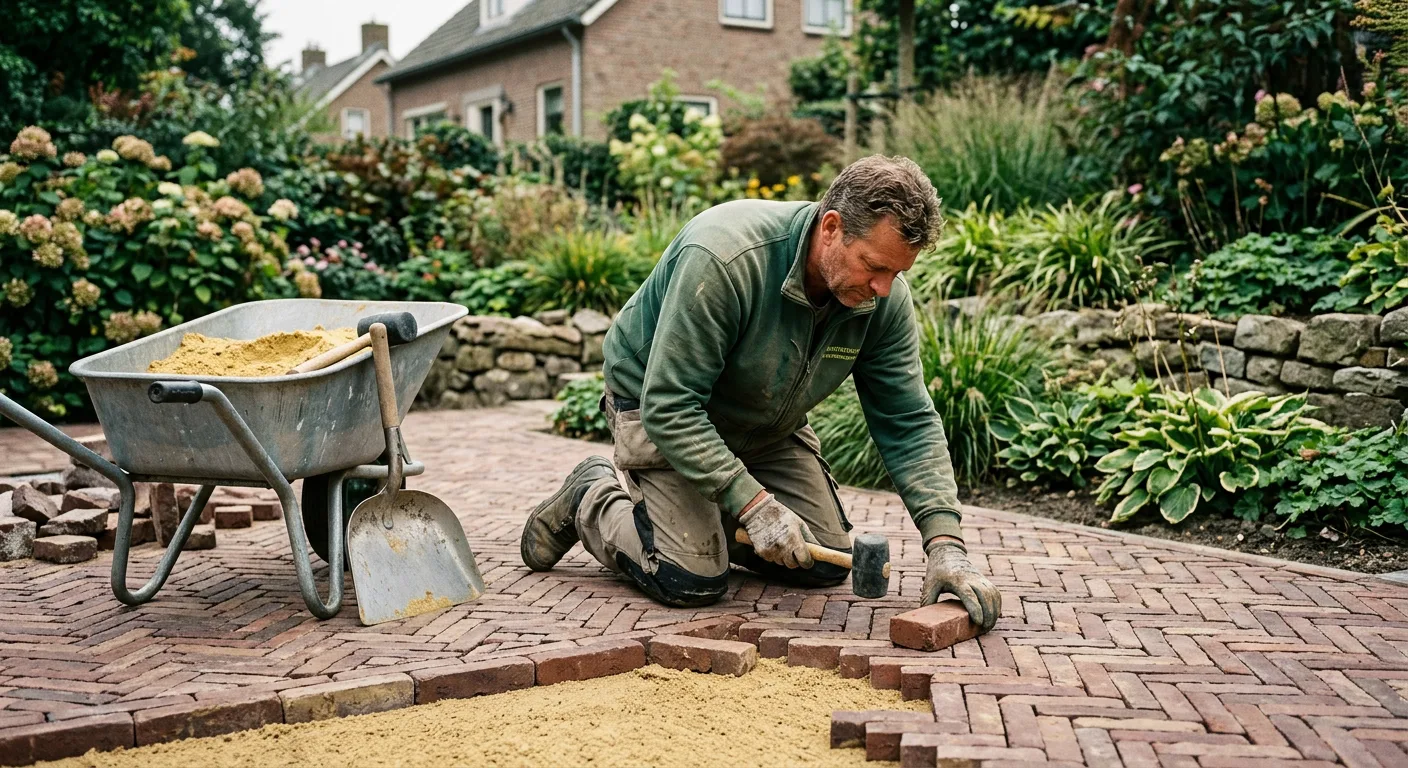 Hovenier legt een terras aan met gebakken klinkers