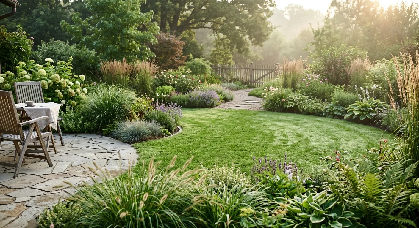 Aangelegde tuin met terras en borders in het ochtendlicht