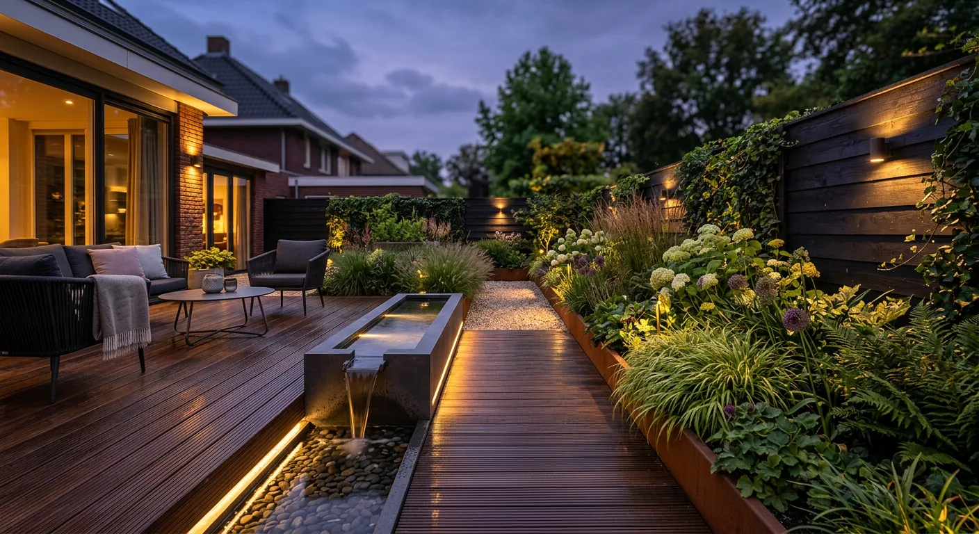 Moderne tuin met vlonder en waterelement in de schemering