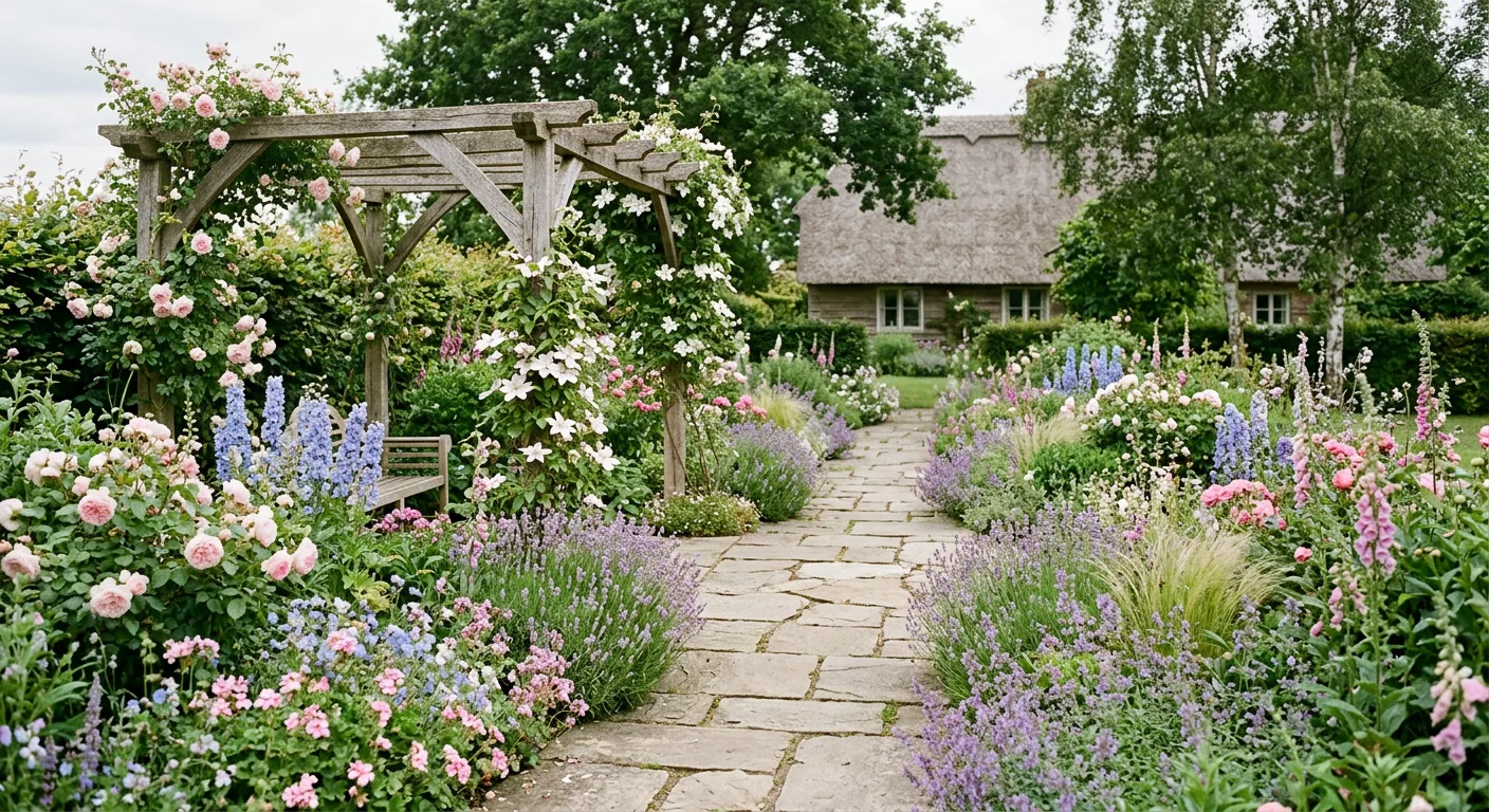 Landelijke tuin met natuurstenen paden en vaste planten