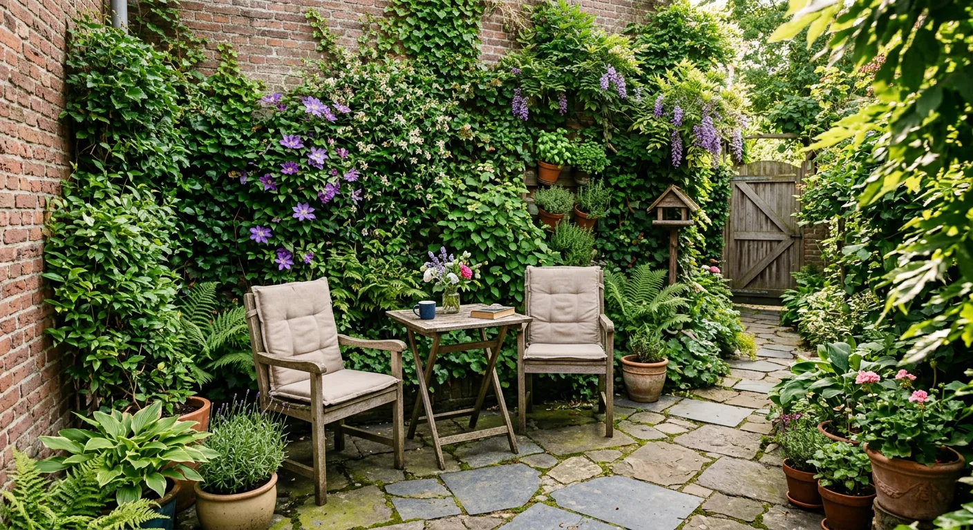 Kleine stadstuin met verticaal groen