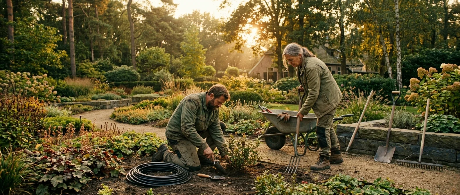 Het team van Van der Berg Hoveniers in een aangelegde tuin bij avondlicht